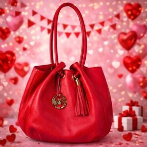 MICHAEL‎ KORS RED BAG HAND SHOULDER GOLD TASSEL LEATHER BAG GUC